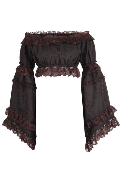 Brown Brocade Smocked Flare Sleeve Peasant Top - Daisy Corsets