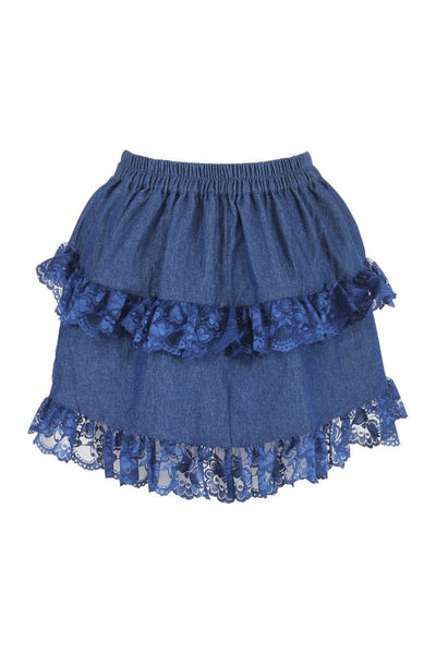 Dark Blue Denim Ruched Bustle Skirt w/Lace - Daisy Corsets