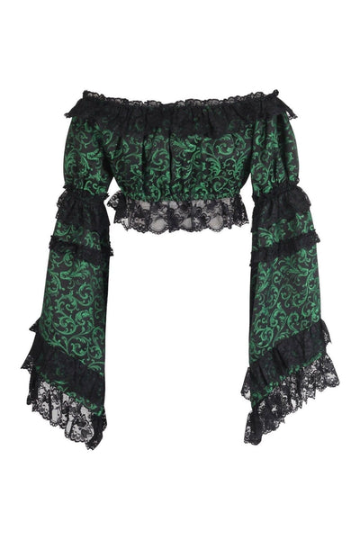 Green/Black Brocade Smocked Flare Sleeve Peasant Top - Daisy Corsets