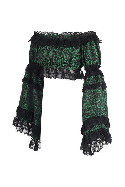 Green/Black Brocade Smocked Flare Sleeve Peasant Top