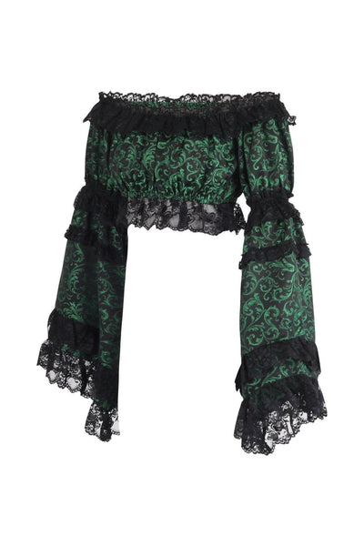 Green/Black Brocade Smocked Flare Sleeve Peasant Top - Daisy Corsets