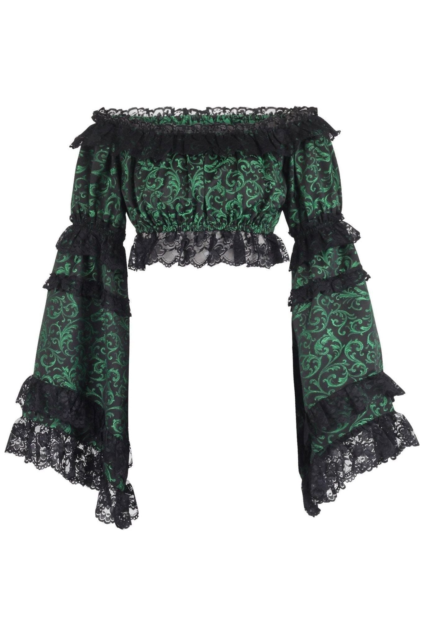 Green/Black Brocade Smocked Flare Sleeve Peasant Top - Daisy Corsets