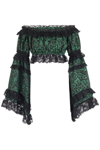 Green/Black Brocade Smocked Flare Sleeve Peasant Top - Daisy Corsets