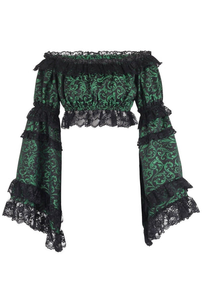 Green/Black Brocade Smocked Flare Sleeve Peasant Top - Daisy Corsets