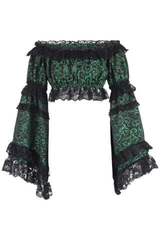 Green/Black Brocade Smocked Flare Sleeve Peasant Top - Daisy Corsets