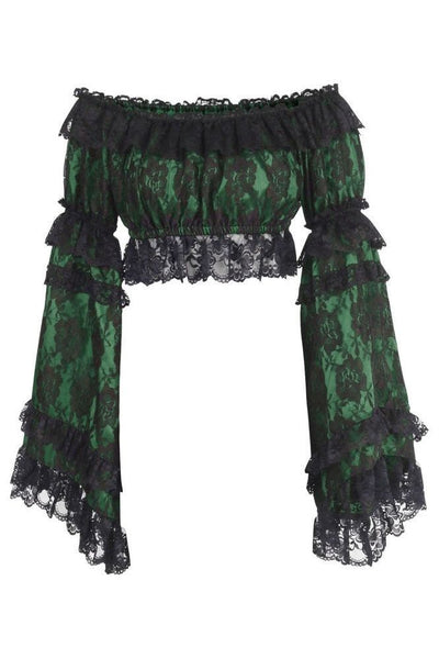 Green/Black Lace Smocked Flare Sleeve Peasant Top - Daisy Corsets
