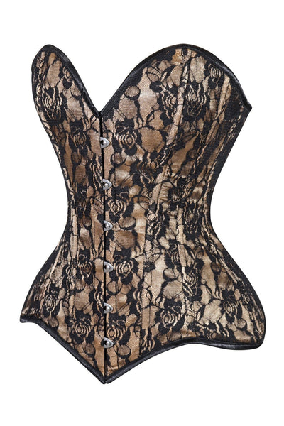 Lavish Beige/Black Lace Overbust Corset Sweetheart Neckline Busk Closure - Daisy Corsets