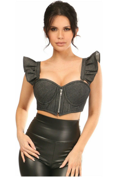 Lavish Black Denim Underwire Bustier Top w/Removable Ruffle Sleeves - Daisy Corsets