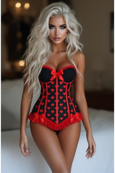 Lavish Black & Red Hearts Lycra Hook & Eye Back Closure Bustier - Daisy Corsets