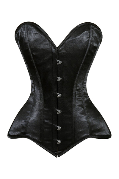 Lavish Black Satin Overbust Corset Sweetheart Neckline Busk Closure - Daisy Corsets
