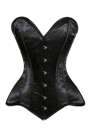 Lavish Black Satin Overbust Corset Sweetheart Neckline Busk Closure - Daisy Corsets