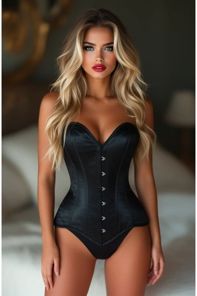 Lavish Black Satin Overbust Corset Sweetheart Neckline Busk Closure - Daisy Corsets