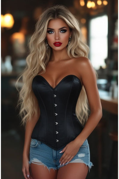 Lavish Black Satin Overbust Corset Sweetheart Neckline Busk Closure - Daisy Corsets