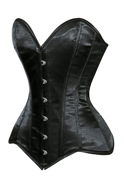 Lavish Black Satin Overbust Corset Sweetheart Neckline Busk Closure - Daisy Corsets