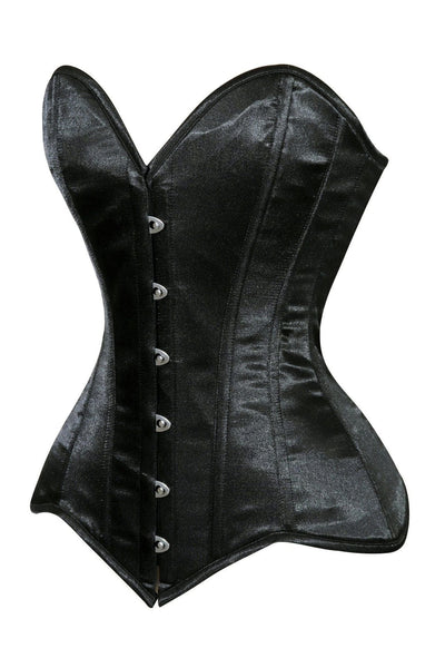Lavish Black Satin Overbust Corset Sweetheart Neckline Busk Closure - Daisy Corsets