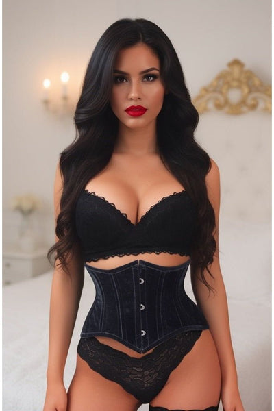 Lavish Black Velvet Mini Cincher Underbust Corset Waist Cincher Busk Closure - Daisy Corsets