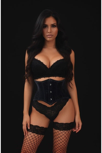 Lavish Black Velvet Mini Cincher Underbust Corset Waist Cincher Busk Closure - Daisy Corsets