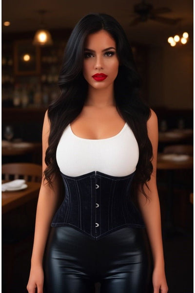 Lavish Black Velvet Mini Cincher Underbust Corset Waist Cincher Busk Closure - Daisy Corsets