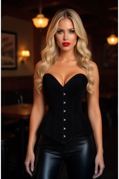 Lavish Black Velvet Overbust Corset Sweetheart Neckline Busk Closure - Daisy Corsets
