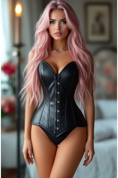 Lavish Black Wet Look Faux Leather Overbust Corset Sweetheart Neckline Busk Closure - Daisy Corsets
