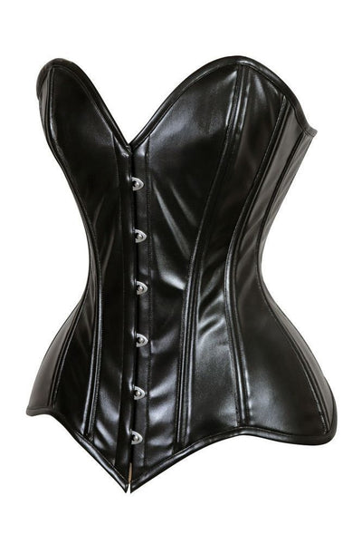 Lavish Black Wet Look Faux Leather Overbust Corset Sweetheart Neckline Busk Closure - Daisy Corsets