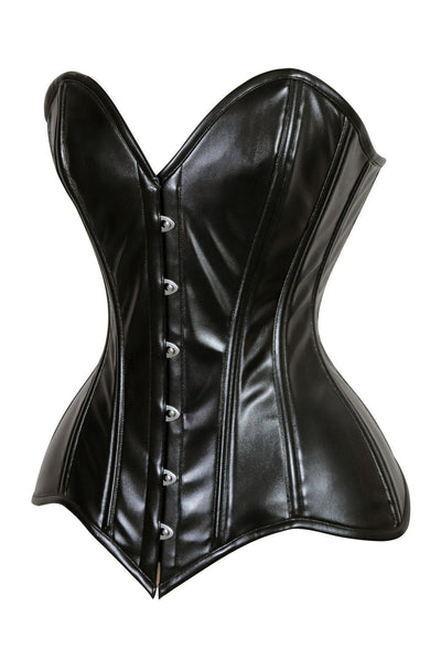 Lavish Black Wet Look Faux Leather Overbust Corset Sweetheart Neckline Busk Closure - Daisy Corsets