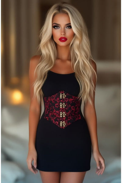 Lavish Black/Red Swirl Brocade Corset Belt Cincher w/Clasps - Daisy Corsets