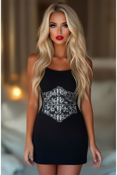 Lavish Black/Silver Swirl Brocade Corset Belt Cincher w/Clasps - Daisy Corsets