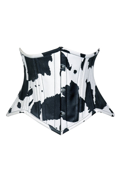 Lavish Black/White Cow Print Faux Leather Underbust Mini Cincher Corset Top - Daisy Corsets