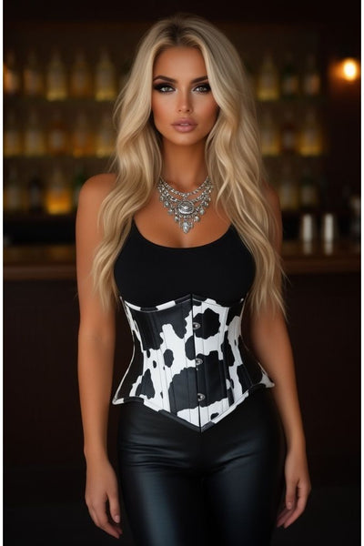 Lavish Black/White Cow Print Faux Leather Underbust Mini Cincher Corset Top - Daisy Corsets