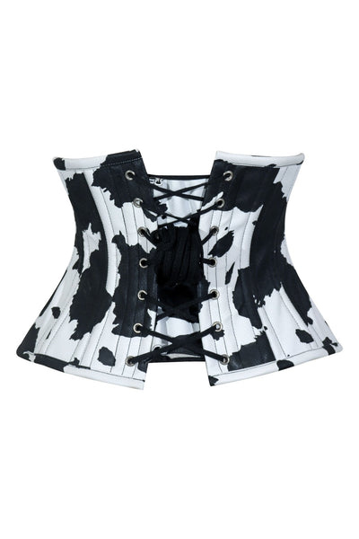 Lavish Black/White Cow Print Faux Leather Underbust Mini Cincher Corset Top - Daisy Corsets