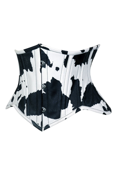 Lavish Black/White Cow Print Faux Leather Underbust Mini Cincher Corset Top - Daisy Corsets