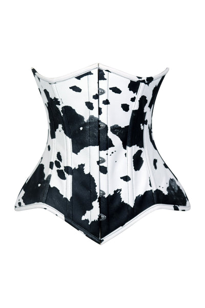 Lavish Black/White Cow Print Faux Leather Underbust Waist Cincher Corset Top - Daisy Corsets