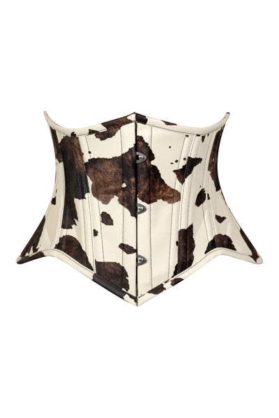 Lavish Brown/Cream Cow Print Faux Leather Underbust Mini Cincher Corset Top - Daisy Corsets