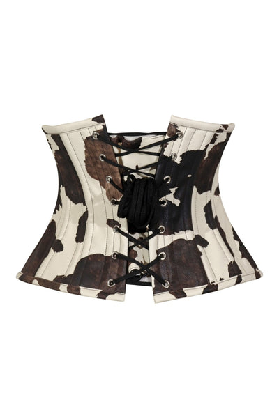 Lavish Brown/Cream Cow Print Faux Leather Underbust Mini Cincher Corset Top - Daisy Corsets