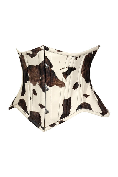 Lavish Brown/Cream Cow Print Faux Leather Underbust Mini Cincher Corset Top - Daisy Corsets