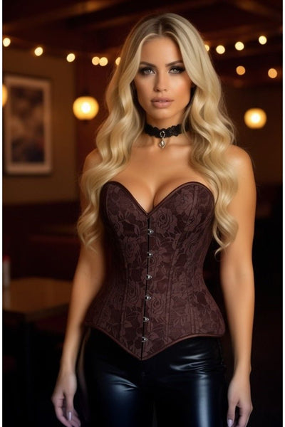 Lavish Dark Brown Lace Overbust Corset Sweetheart Neckline Busk Closure - Daisy Corsets