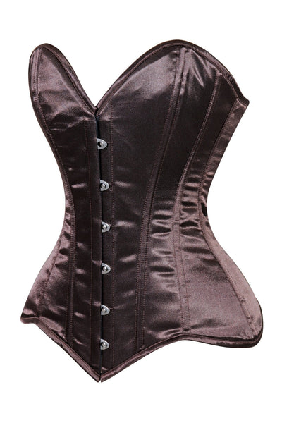 Lavish Dark Brown Satin Overbust Corset Sweetheart Neckline Busk Closure - Daisy Corsets