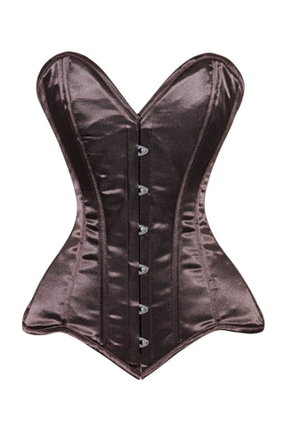 Lavish Dark Brown Satin Overbust Corset Sweetheart Neckline Busk Closure - Daisy Corsets