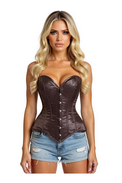 Lavish Dark Brown Satin Overbust Corset Sweetheart Neckline Busk Closure - Daisy Corsets