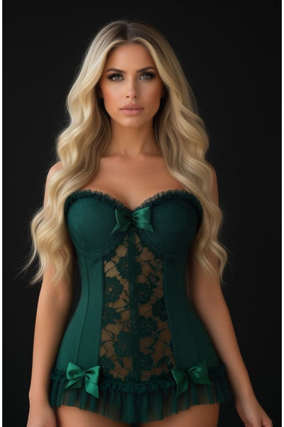Lavish Dark Green Lycra & Lace Hook & Eye Stretch Bustier Corset - Daisy Corsets