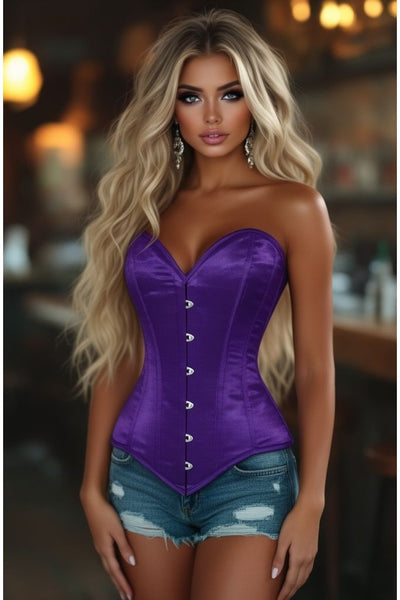 Lavish Dark Purple Satin Overbust Corset Sweetheart Neckline Busk Closure - Daisy Corsets