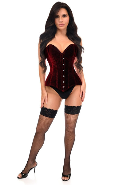 Lavish Dark Red Velvet Overbust Corset Sweetheart Neckline Busk Closure - Daisy Corsets