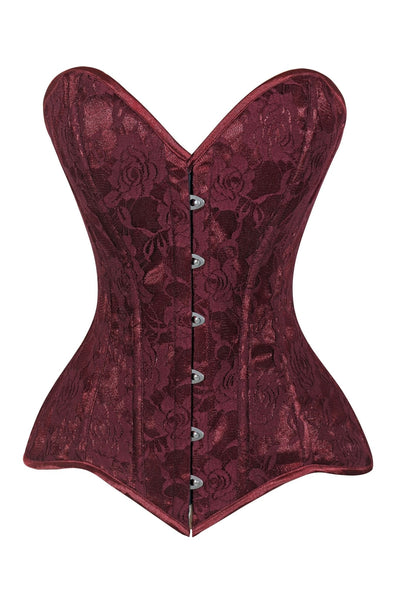 Lavish Dark Red Wine Lace Overbust Corset Sweetheart Neckline Busk Closure - Daisy Corsets