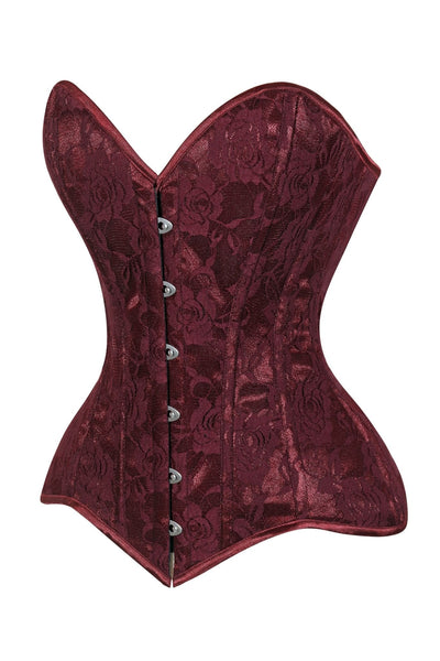 Lavish Dark Red Wine Lace Overbust Corset Sweetheart Neckline Busk Closure - Daisy Corsets