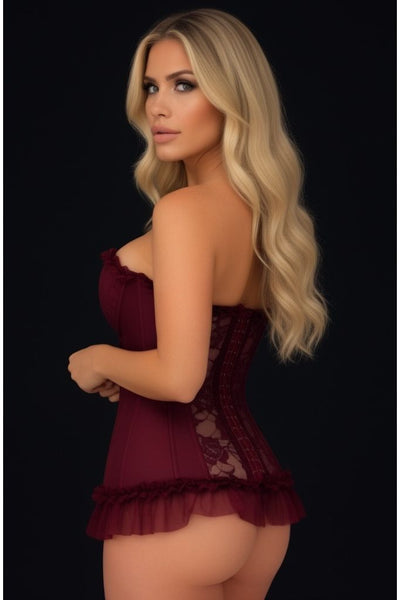 Lavish Dark Red Wine Lycra & Lace Hook & Eye Stretch Bustier Corset - Daisy Corsets