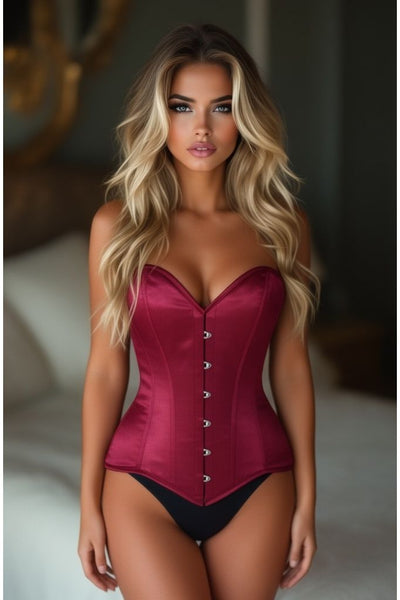 Lavish Dark Red Wine Satin Overbust Corset Sweetheart Neckline Busk Closure - Daisy Corsets
