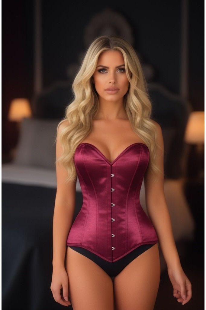 Lavish Dark Red Wine Satin Overbust Corset Sweetheart Neckline Busk Closure - Daisy Corsets