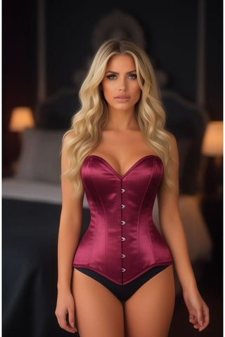 Lavish Dark Red Wine Satin Overbust Corset Sweetheart Neckline Busk Closure - Daisy Corsets