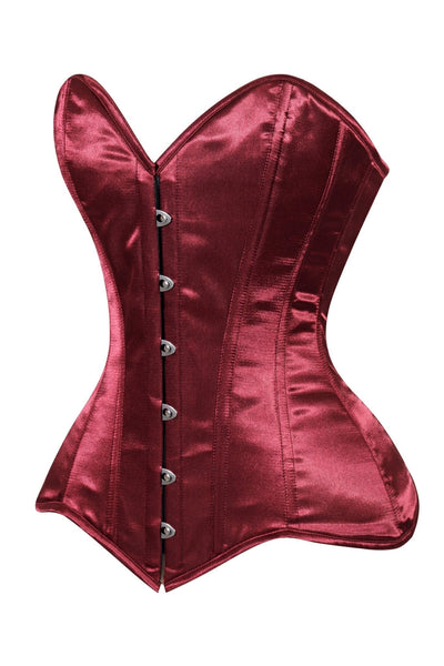 Lavish Dark Red Wine Satin Overbust Corset Sweetheart Neckline Busk Closure - Daisy Corsets
